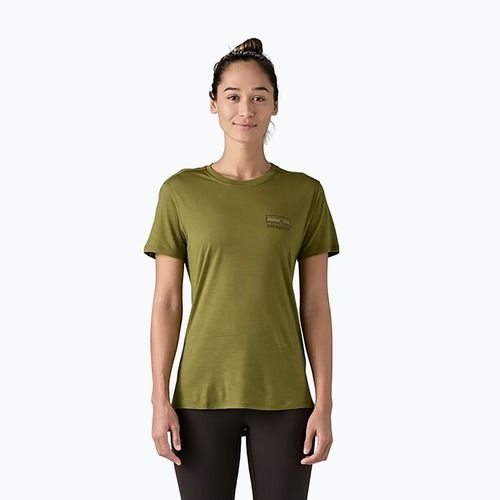 Camicia grafica da donna Patagonia Cap Cool Merino Blend fitz roy loss: verde sciacquato