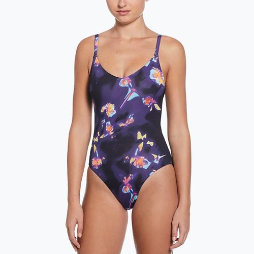 Costume intero Nike Floral Blur con scollo a V da donna, nero