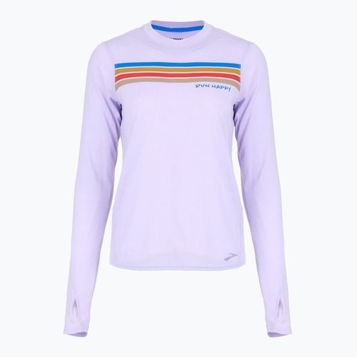 Maglietta da corsa Brooks Distance Graphic LS da donna, color viola erica, con strisce e striscette