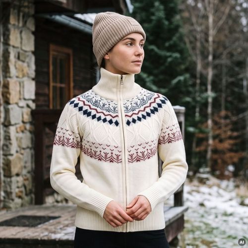 Maglione da donna Woolcano SWT1092 Kremowy/Granatowy