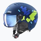Casco da sci per bambini UVEX Rocket Visor Jr blu puzzle matt/blu specchio/fumo