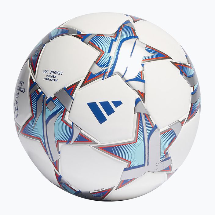 adidas UCL League 23/24 calcio bianco / argento metallico / ciano brillante / blu reale dimensioni 5 2