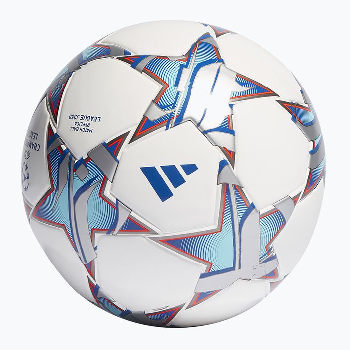 adidas UCL League 23/24 calcio bianco / argento metallico / ciano brillante / blu reale dimensioni 4 2