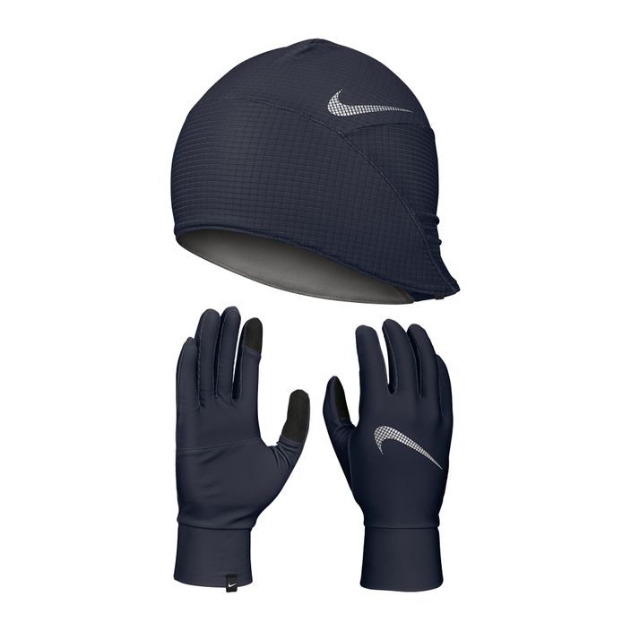 Set berretto + guanti Nike Essential Running da uomo blu tuono/grigio particella/argento 9