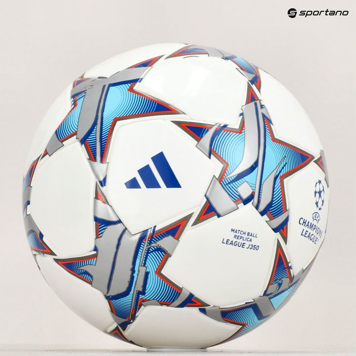 adidas UCL League 23/24 calcio bianco / argento metallico / ciano brillante / blu reale dimensioni 4 6