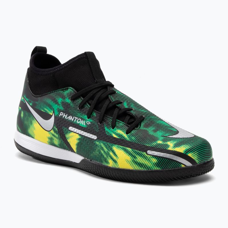 Nike Phantom GT2 Academy DF SW IC Jr bambini scarpe da calcio nero / platino metallico / sciopero verde
