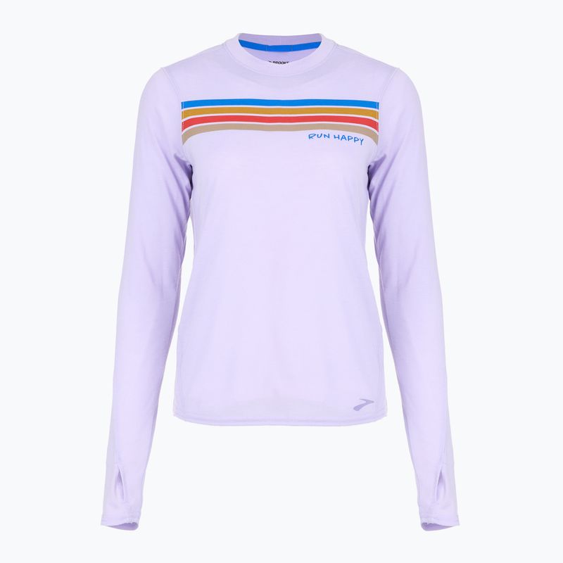 Maglietta da corsa Brooks Distance Graphic LS da donna, color viola erica, con strisce e striscette