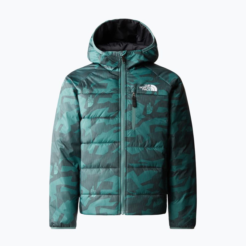 Giacca invernale da bambino The North Face reversibile Perrito, stampa mimetica pioggia salvia scuro/nero