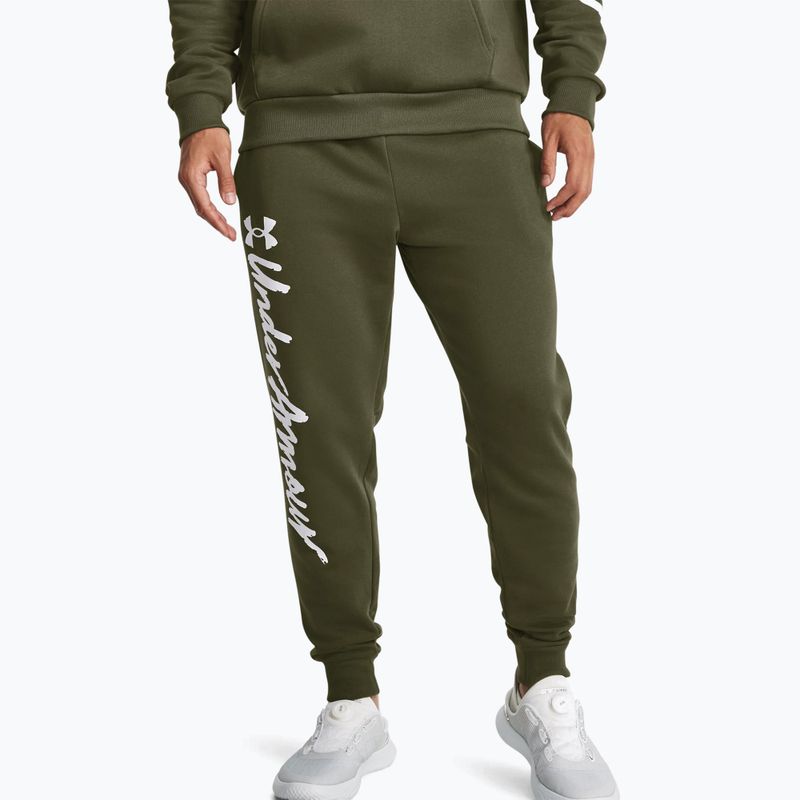 Under Armour Rival Fleece Graphic Joggers, pantaloni da allenamento da uomo di colore verde/bianco.