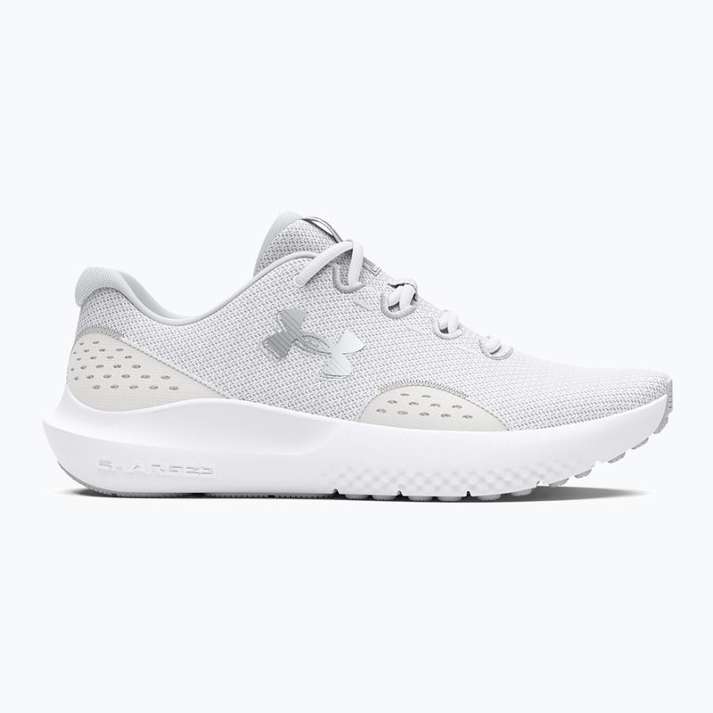 Under Armour Charged Surge 4 scarpe da corsa da donna bianco/grigio resistente/argento metallico 8