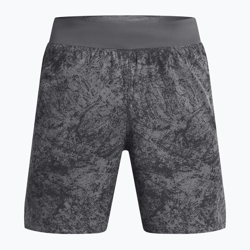 Pantaloncini da corsa Under Armour Launch Pro 7" stampati da uomo, color castlerock/verde morfologia/riflettenti