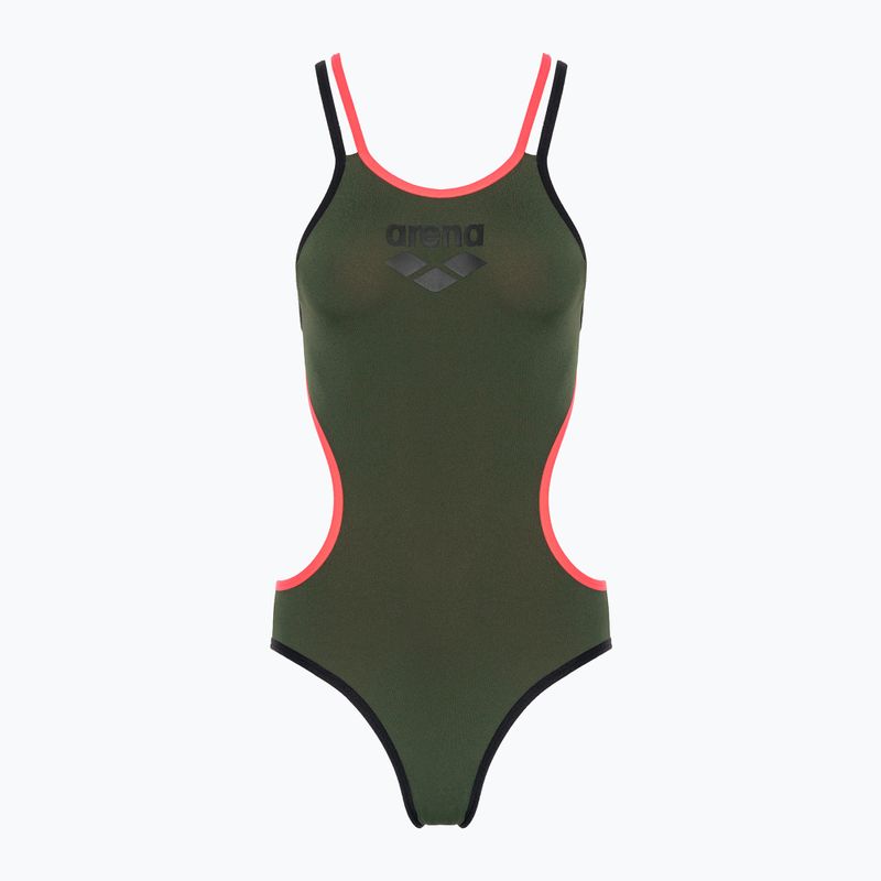 Costume da bagno intero donna arena One Double Cross Back One Piece dark sage/nero/rosso fluo