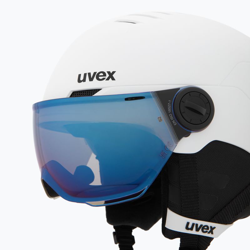 Casco da sci per bambini UVEX Rocket Visor Jr white/black matt/mirror blue/smoke 7