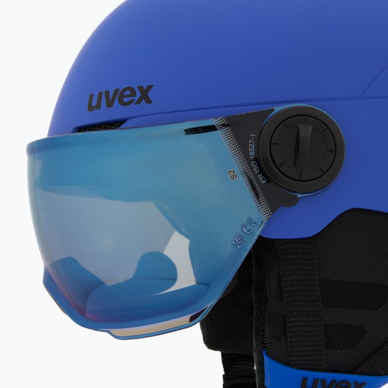 Casco da sci per bambini UVEX Rocket Visor Jr blu opaco/blu specchio/fumo 7