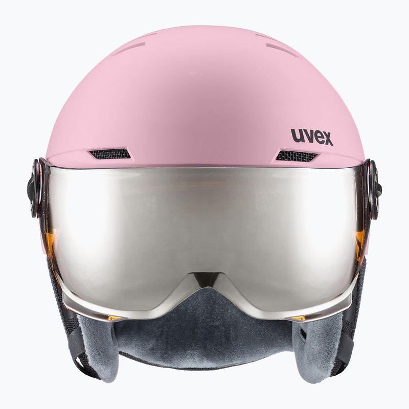 Casco da sci per bambini UVEX Rocket Visor Jr rosa confetto opaco/specchio argento/lasergold lite 2