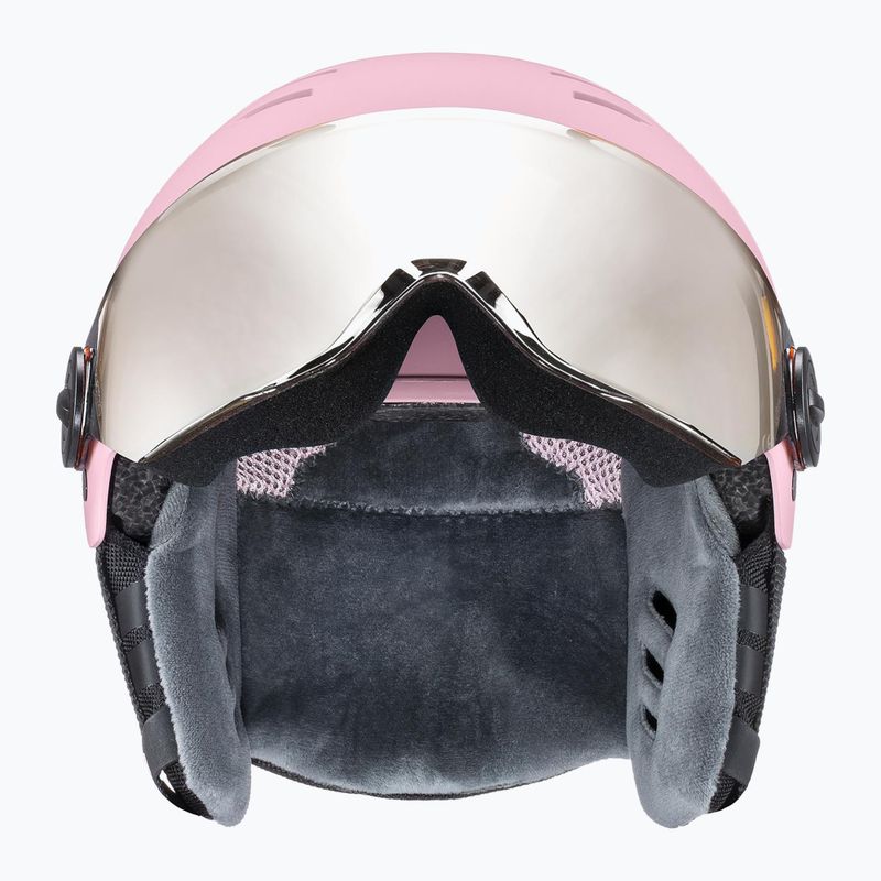 Casco da sci per bambini UVEX Rocket Visor Jr rosa confetto opaco/specchio argento/lasergold lite 3