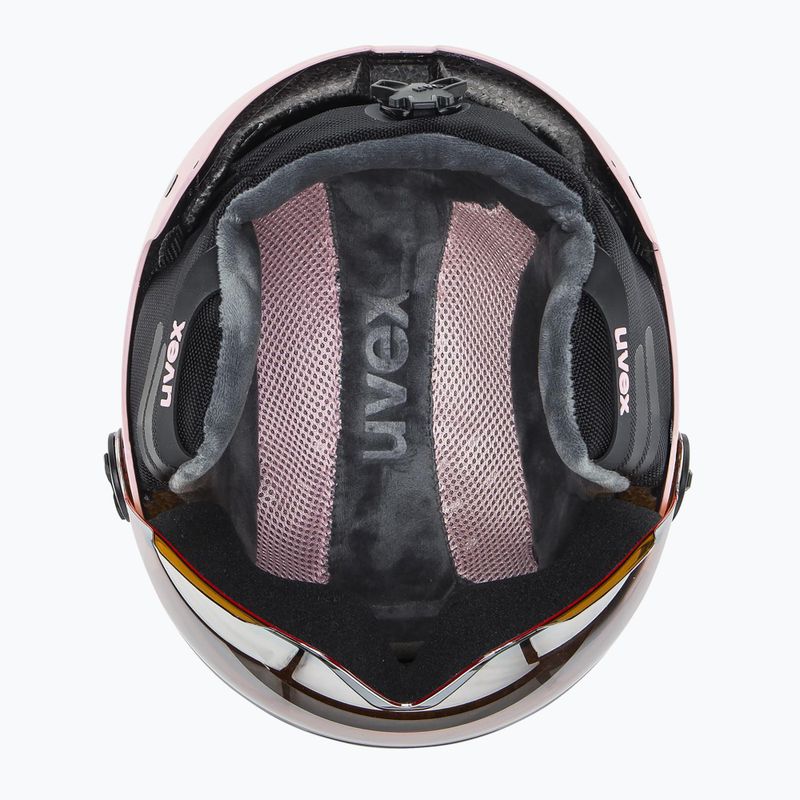 Casco da sci per bambini UVEX Rocket Visor Jr rosa confetto opaco/specchio argento/lasergold lite 5