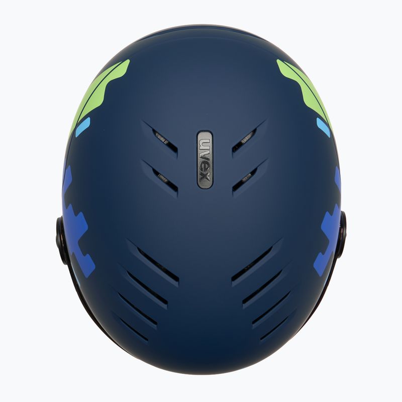 Casco da sci per bambini UVEX Rocket Visor Jr blu puzzle matt/blu specchio/fumo 6