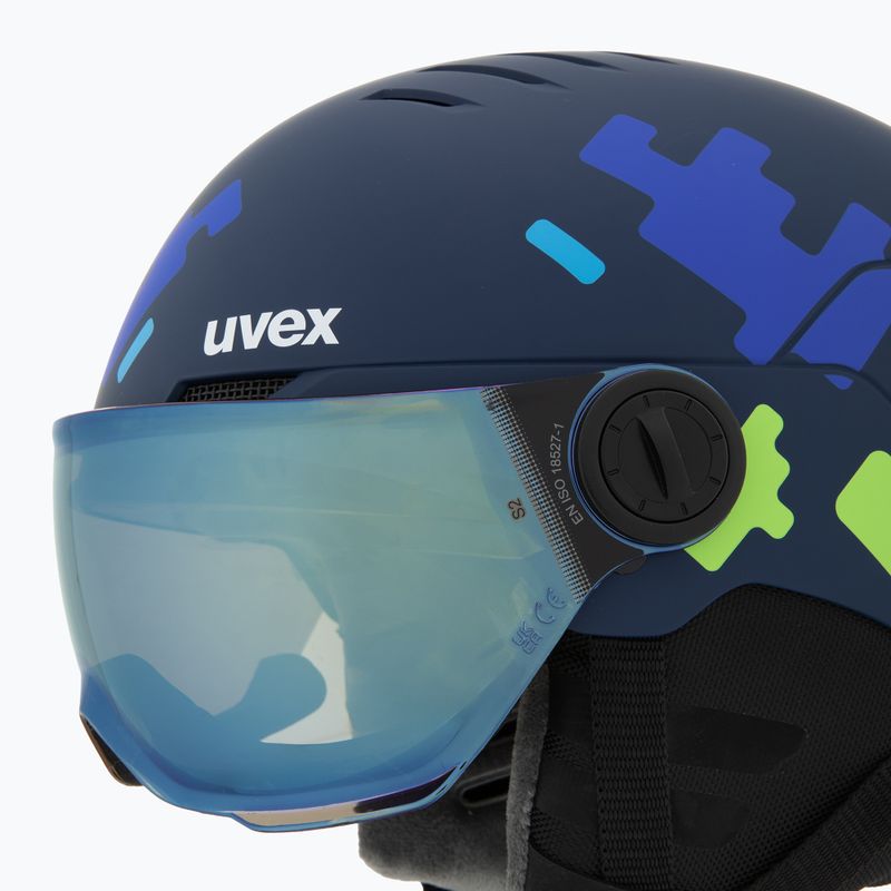 Casco da sci per bambini UVEX Rocket Visor Jr blu puzzle matt/blu specchio/fumo 8