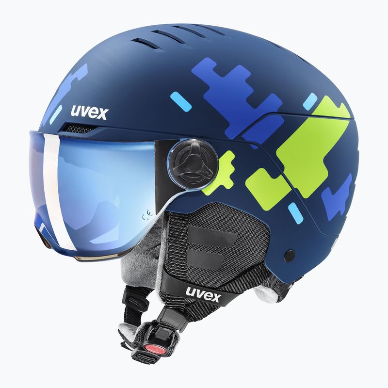 Casco da sci per bambini UVEX Rocket Visor Jr blu puzzle matt/blu specchio/fumo