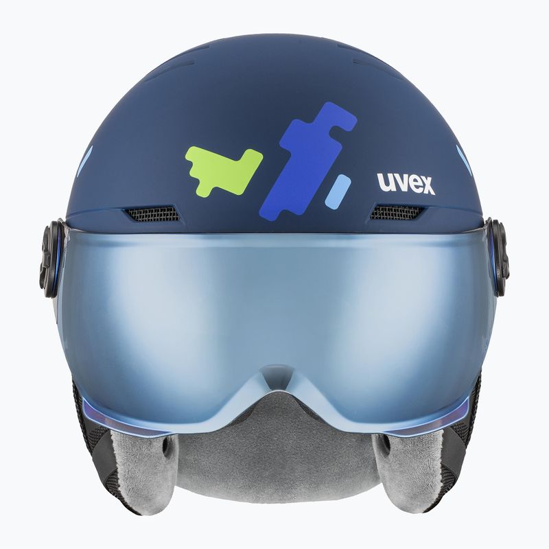 Casco da sci per bambini UVEX Rocket Visor Jr blu puzzle matt/blu specchio/fumo 2