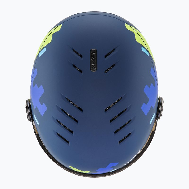 Casco da sci per bambini UVEX Rocket Visor Jr blu puzzle matt/blu specchio/fumo 5