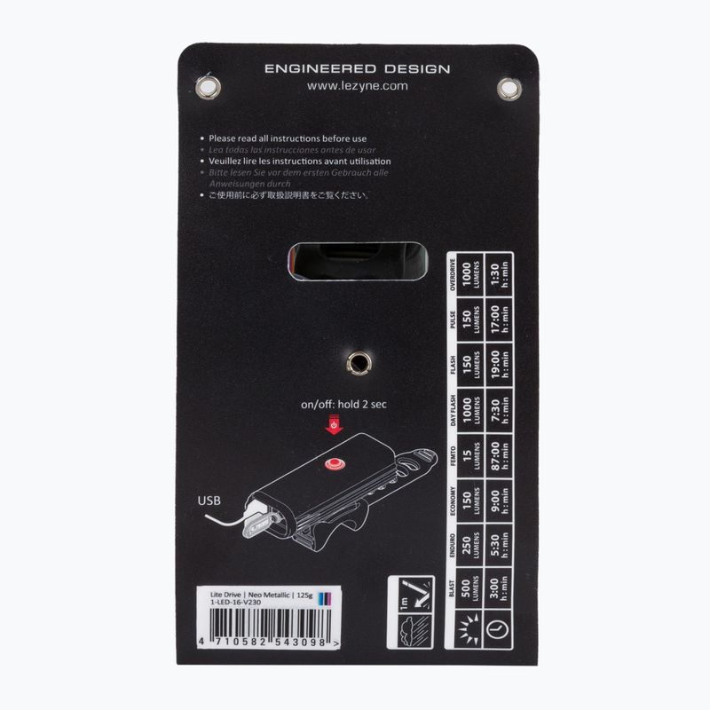 Lezyne Led Lite Drive 1000XL USB luce anteriore per bicicletta neon metallizzato 6