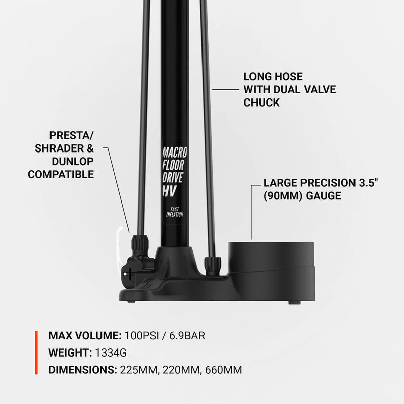Pompa da bicicletta Lezyne Macro HV Floor Drive DV 100psi nero piatto 6