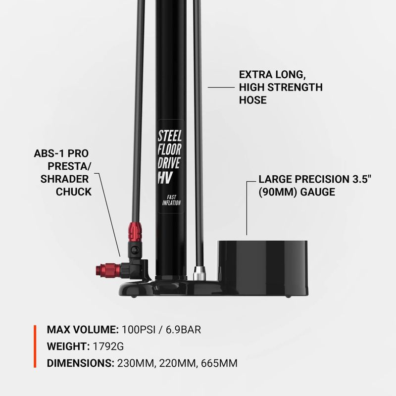 Pompa da bicicletta Lezyne Steel HV Floor Drive 3.5 100psi nero piatto 4