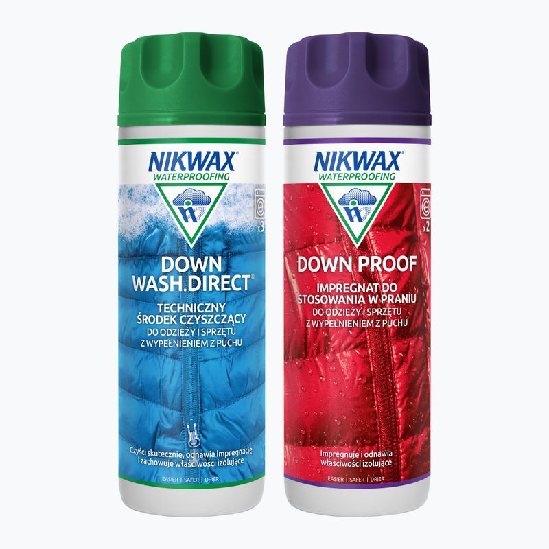 Nikwax Down Wash Direct & Down Proof 2 x 300 ml per la cura degli indumenti e delle attrezzature imbottite di piuma.