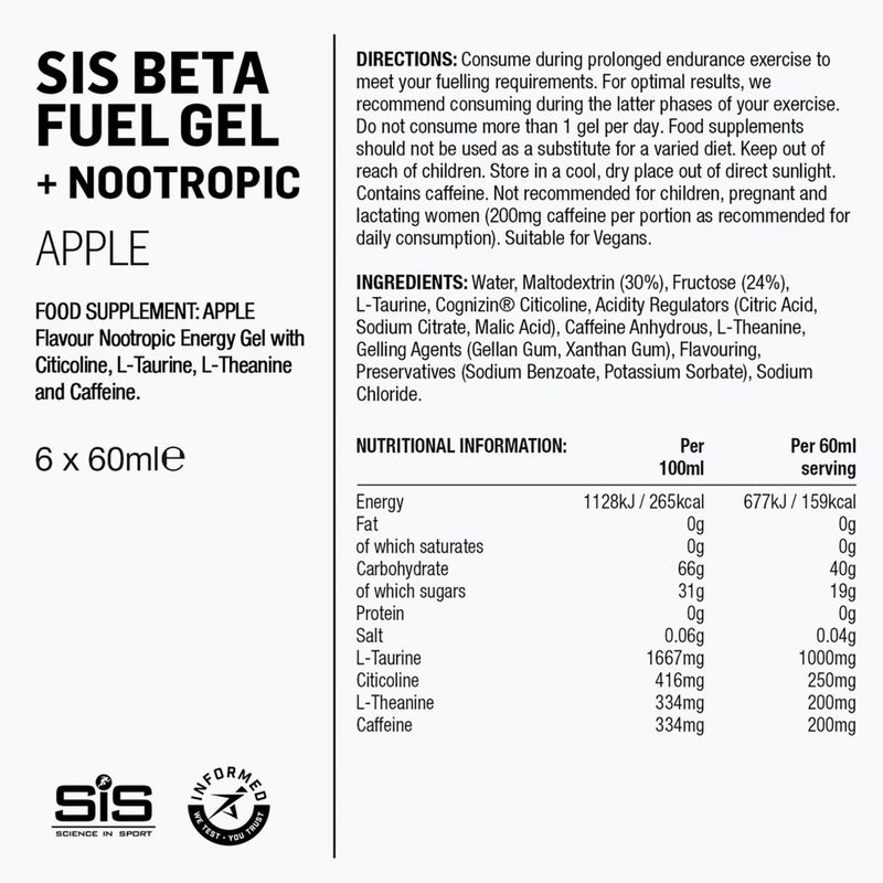 Confezione di gel energetici Science in Sport Beta Fuel Energy + Nootropics 6 x 60 ml apple 2