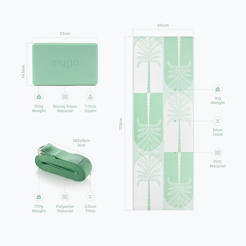 Set yoga Myga Sage Palm Yoga Set mat + block + green strap 13
