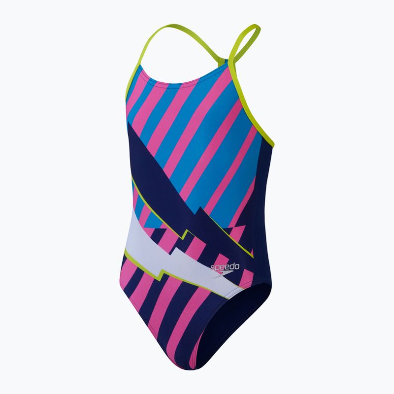 Speedo Placement Lane Line Back costume intero da bambino blu ceruleo/rosa flare/limone amaro/bullone 2