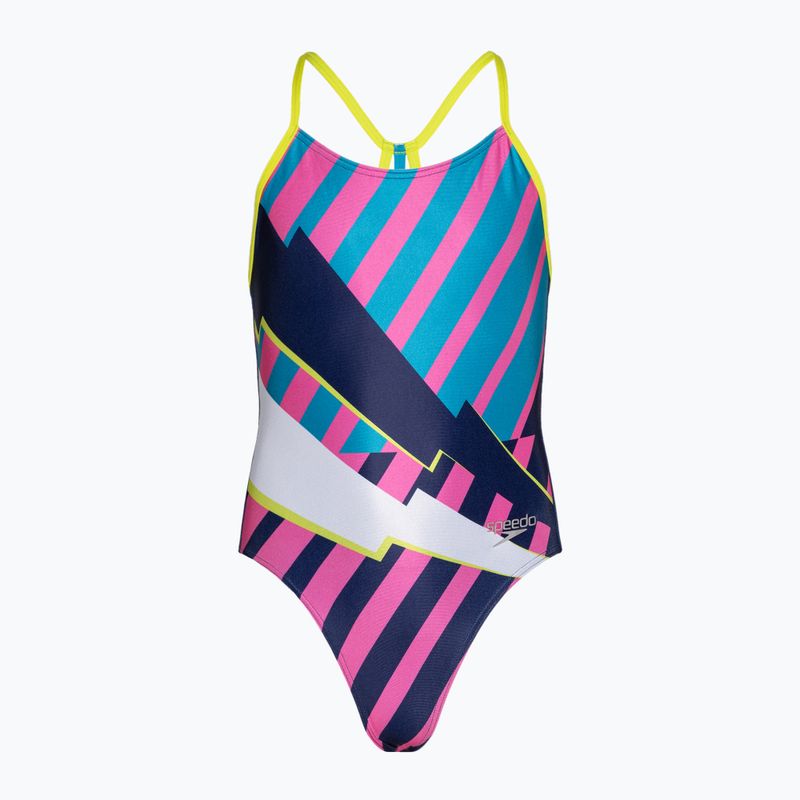 Speedo Placement Lane Line Back costume intero da bambino blu ceruleo/rosa flare/limone amaro/bullone