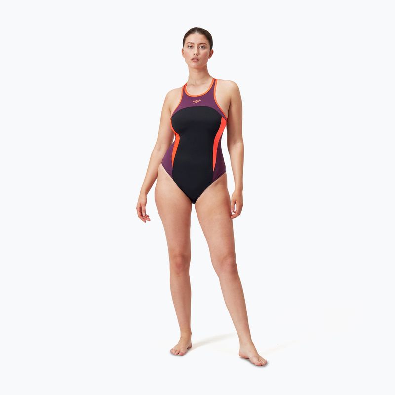 Speedo Costume intero a collo alto con spacco incrociato sulla schiena nero/plum dandy/rosso sirena 6