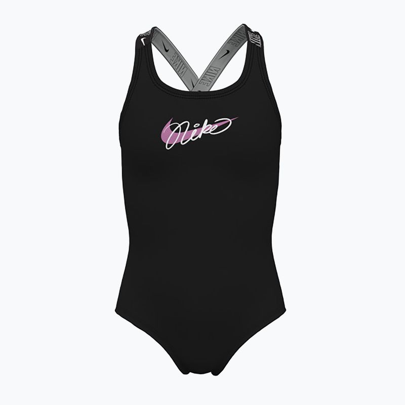 Nike Swim Girls Logo Tape Crossback costume intero da bambino nero/rosa vivace/bianco/rosa vivace