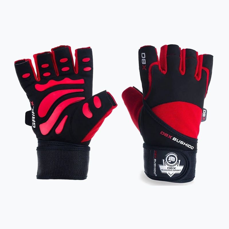 Guanti da allenamento DBX BUSHIDO con velcro lungo e sistema di presa nero/rosso