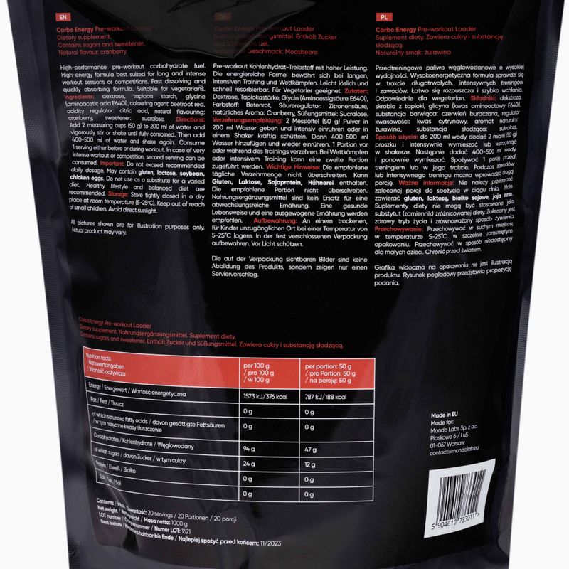 Carboidrati MONDOLAB Carbo Energy Cranberry Shot 1000 g 2