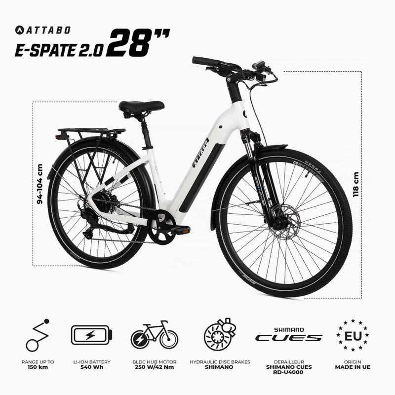 ATTABO E-SPATE 2.0 28" 36V 15Ah 540 Wh bicicletta elettrica bianca 2