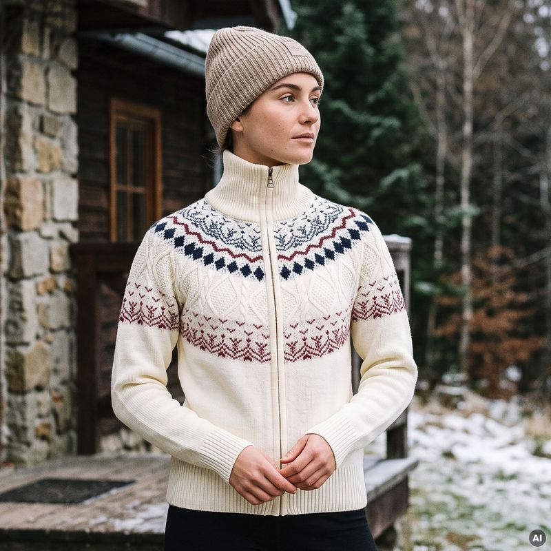 Maglione da donna Woolcano SWT1092 Kremowy/Granatowy 11