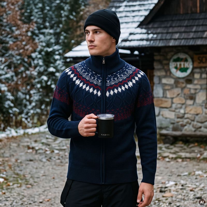 Maglione da uomo Woolcano SWT1093 Granatrowy/Kremowy 11