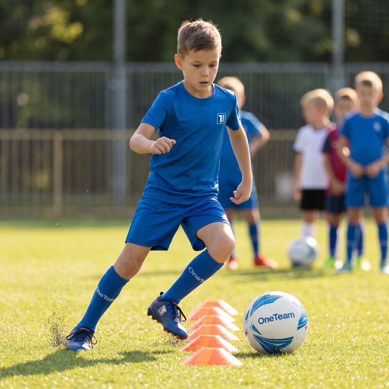 Completo da calcio per bambini OneTeam Precision Set maglia e pantaloncini blu 14
