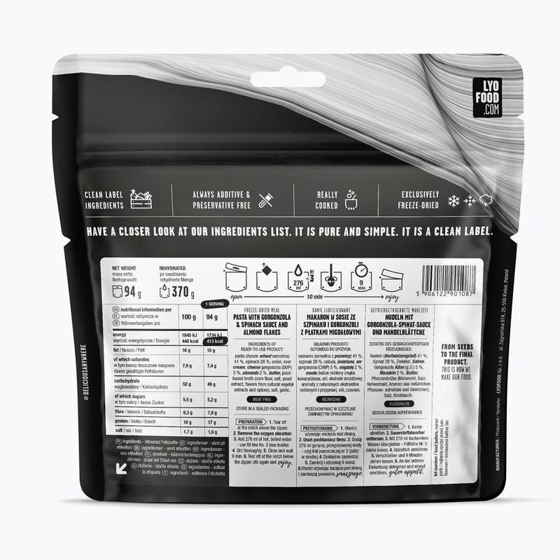 Alimenti liofilizzati LYOFOOD Farfalle con spinaci e gorgonzola 370 g 2