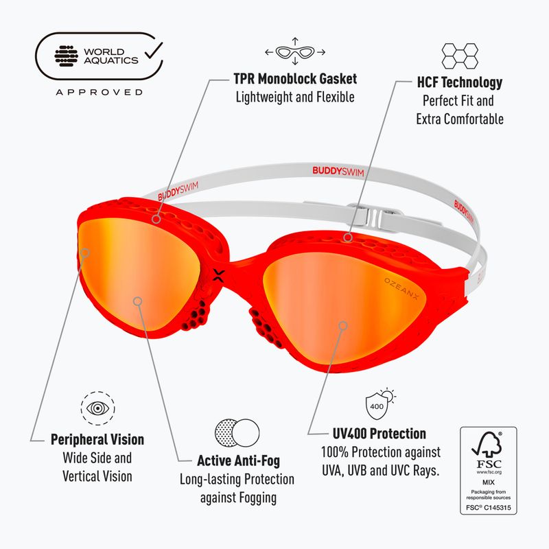 Occhialini da nuoto BuddySwim OzeanX Mirror red/white/orange 2