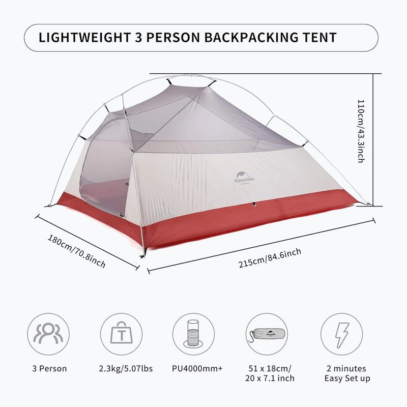 Tenda da trekking Naturehike aggiornata Cloud Up 3 persone grigio chiaro/rosso 6
