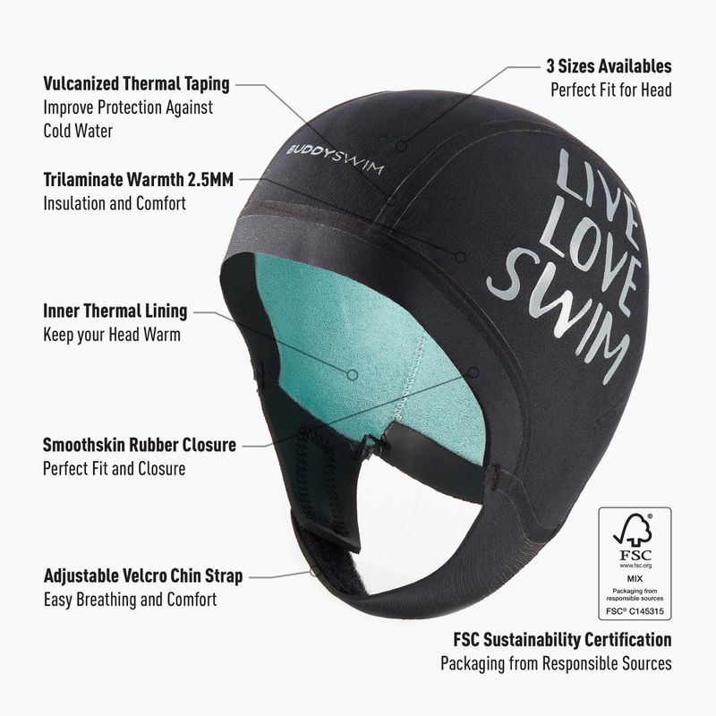 BuddySwim Trilaminate Warmth 2,5 mm cappuccio in neoprene nero 3