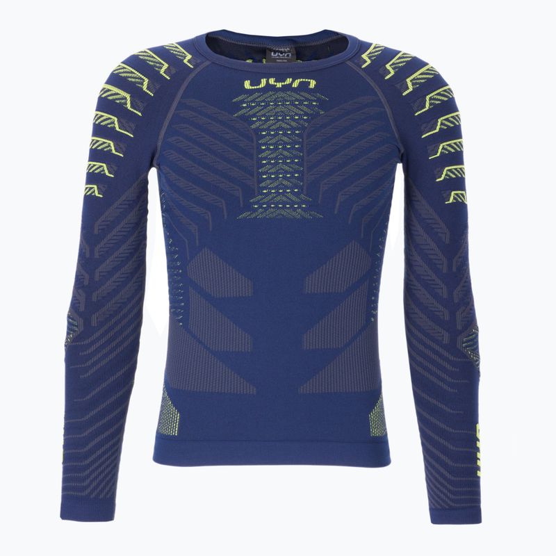 Camicia UYN Resilyon UW a manica lunga termica attiva da uomo con collo rotondo blu scuro/giallo.