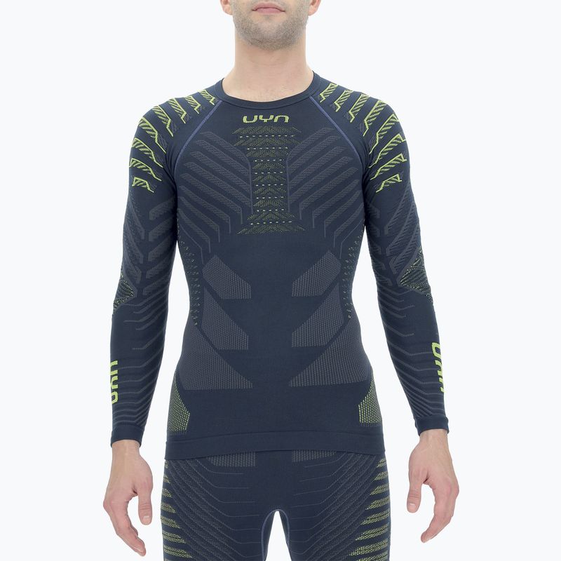 Camicia UYN Resilyon UW a manica lunga termica attiva da uomo con collo rotondo blu scuro/giallo. 6