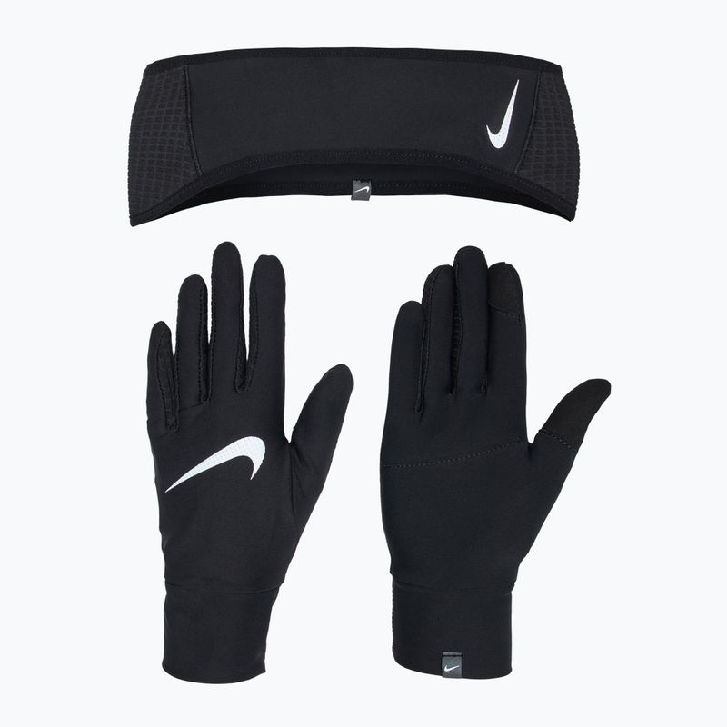 Set fascia da braccio + guanti da donna Nike Essential Running nero/nero/argento