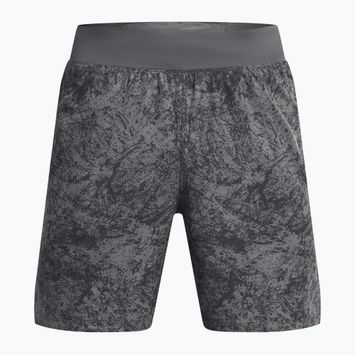 Pantaloncini da corsa Under Armour Launch Pro 7" stampati da uomo, color castlerock/verde morfologia/riflettenti